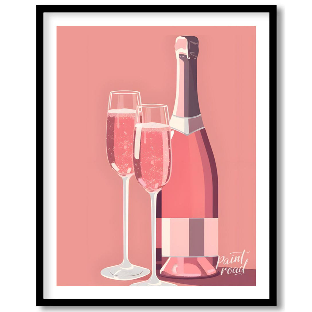 A vibrant and inviting illustration featuring a bottle of rosé champagne alongside two elegant flut… for home
