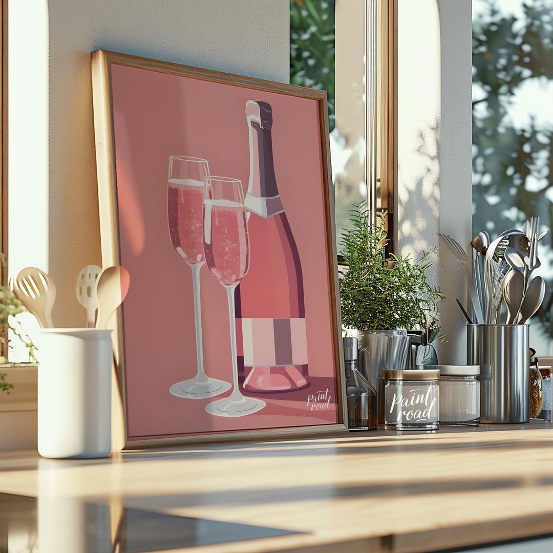 A vibrant and inviting illustration featuring a bottle of rosé champagne alongside two elegant flut… for kitchen