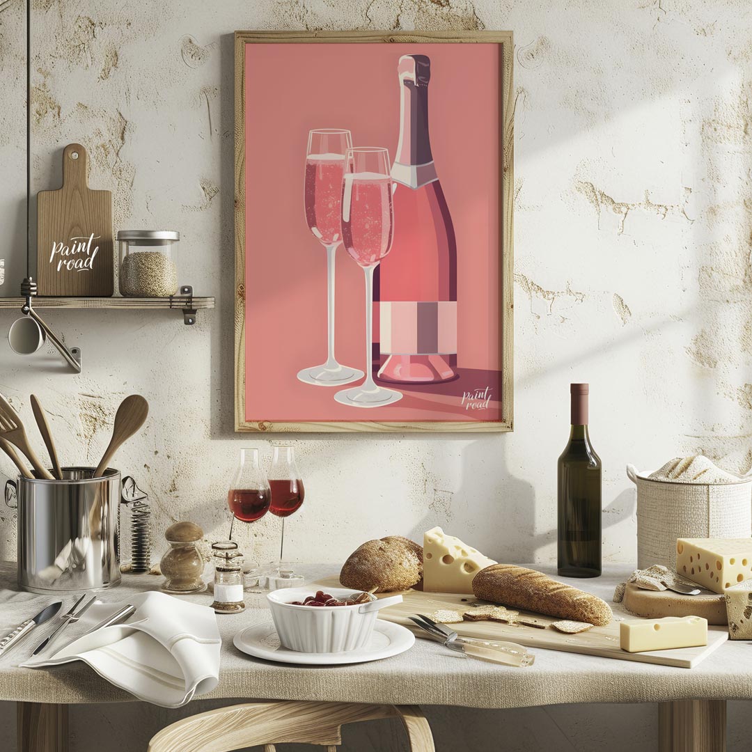 A vibrant and inviting illustration featuring a bottle of rosé champagne alongside two elegant flut… for kitchen