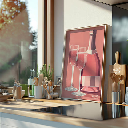 A vibrant and inviting illustration featuring a bottle of rosé champagne alongside two elegant flut… for kitchen