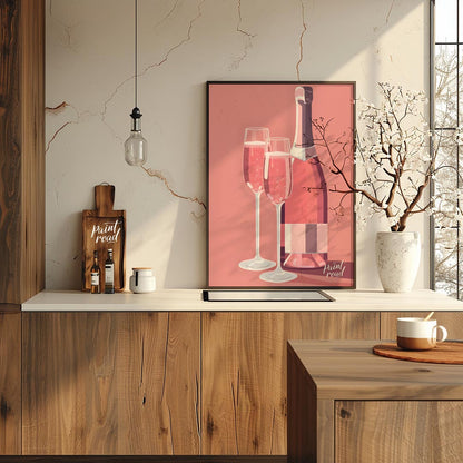 A vibrant and inviting illustration featuring a bottle of rosé champagne alongside two elegant flut… for kitchen