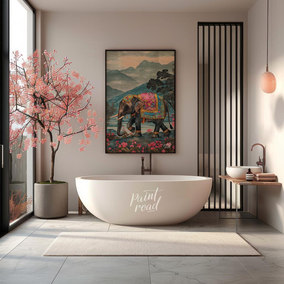 This captivating artwork features a stately elephant adorned with a beautifully embellished pink an… for bathroom