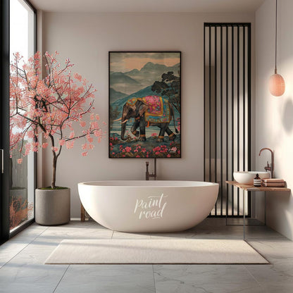 This captivating artwork features a stately elephant adorned with a beautifully embellished pink an… for bathroom