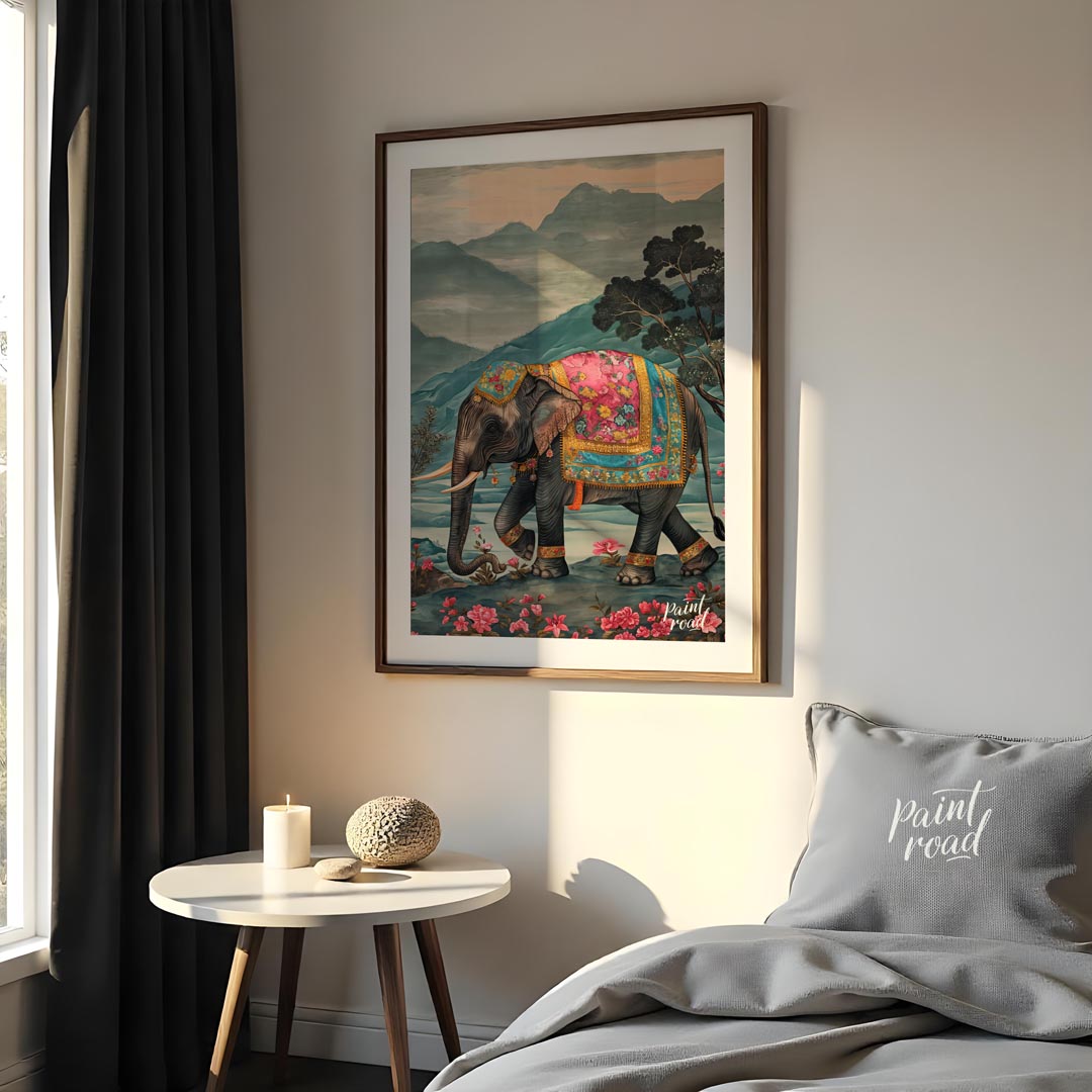 This captivating artwork features a stately elephant adorned with a beautifully embellished pink an… for bedroom