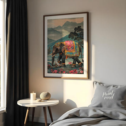 This captivating artwork features a stately elephant adorned with a beautifully embellished pink an… for bedroom