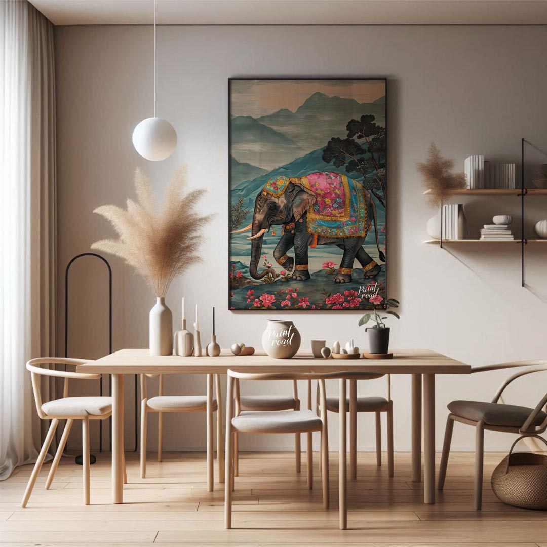 This captivating artwork features a stately elephant adorned with a beautifully embellished pink an… for dining room