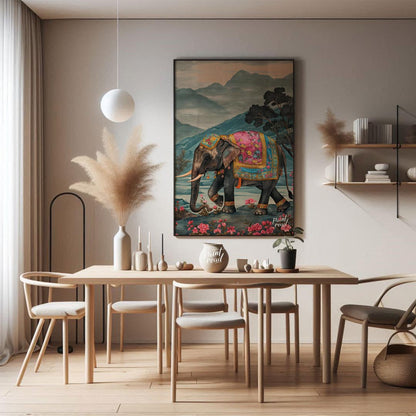 This captivating artwork features a stately elephant adorned with a beautifully embellished pink an… for dining room