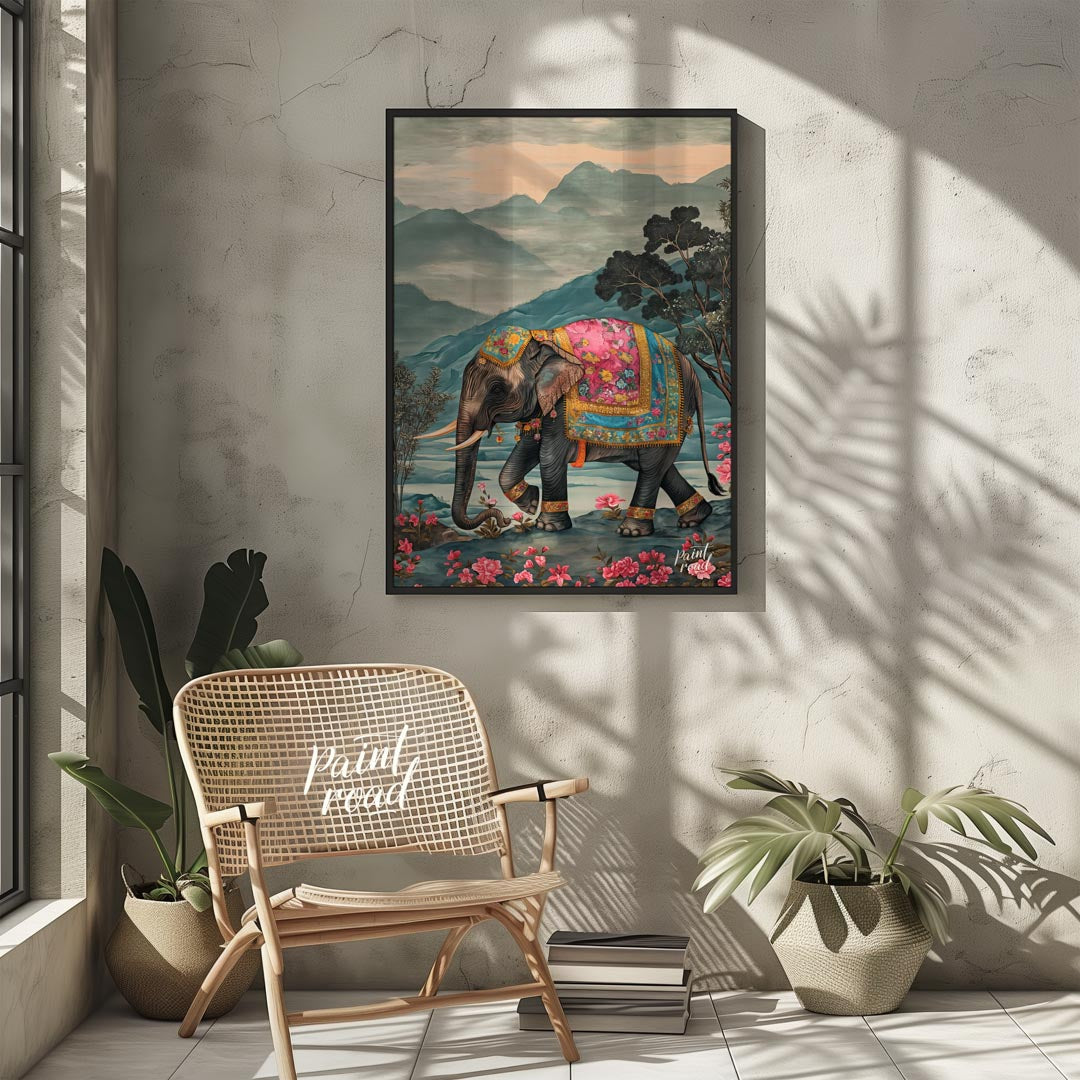 This captivating artwork features a stately elephant adorned with a beautifully embellished pink an… for living room