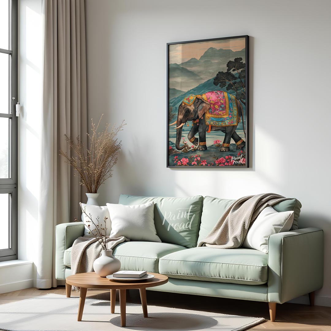 This captivating artwork features a stately elephant adorned with a beautifully embellished pink an… for living room