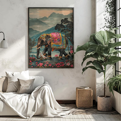 This captivating artwork features a stately elephant adorned with a beautifully embellished pink an… for living room
