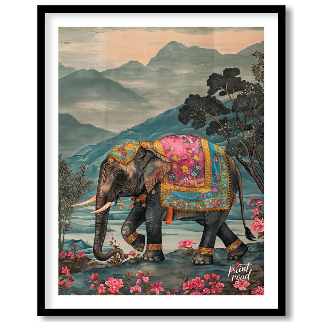 This captivating artwork features a stately elephant adorned with a beautifully embellished pink an… for office