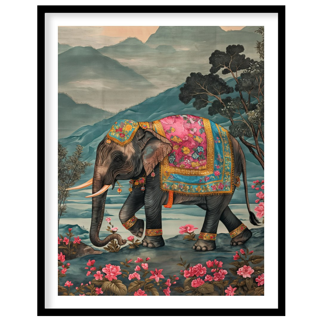 This captivating artwork features a stately elephant adorned with a beautifully embellished pink an… for office