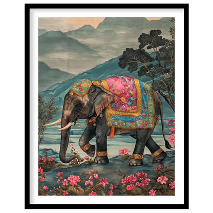 This captivating artwork features a stately elephant adorned with a beautifully embellished pink an… for office