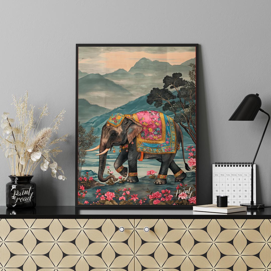 This captivating artwork features a stately elephant adorned with a beautifully embellished pink an… for office
