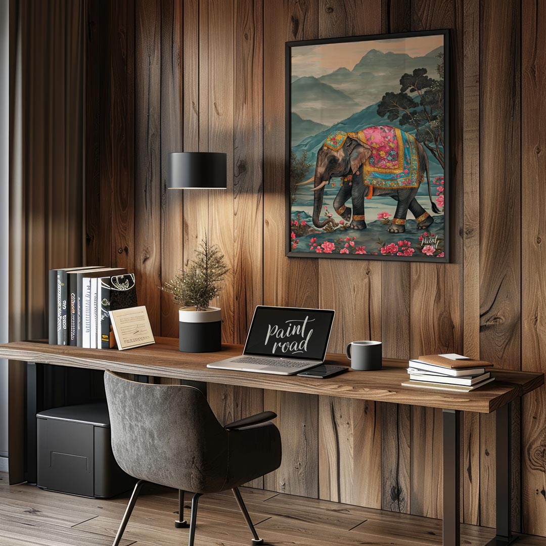 This captivating artwork features a stately elephant adorned with a beautifully embellished pink an… for office