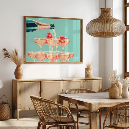 A vibrant and playful illustration depicting a champagne tower with each glass adorned with a delic… for dining room