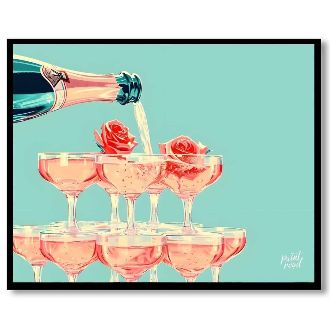 A vibrant and playful illustration depicting a champagne tower with each glass adorned with a delic… for house