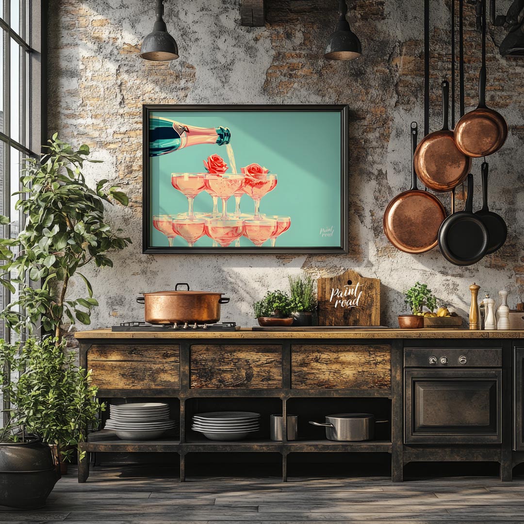 A vibrant and playful illustration depicting a champagne tower with each glass adorned with a delic… for kitchen