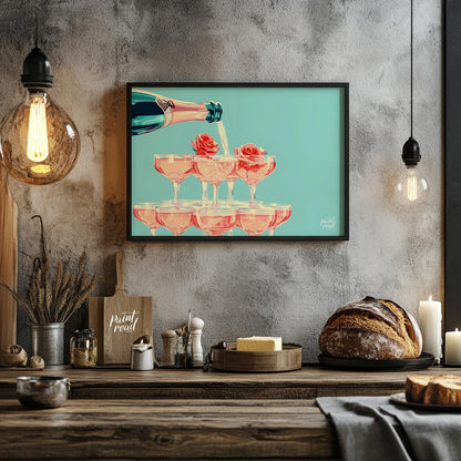 A vibrant and playful illustration depicting a champagne tower with each glass adorned with a delic… for kitchen