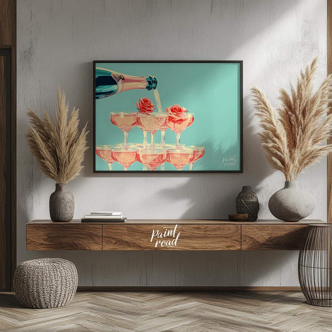 A vibrant and playful illustration depicting a champagne tower with each glass adorned with a delic… for living room