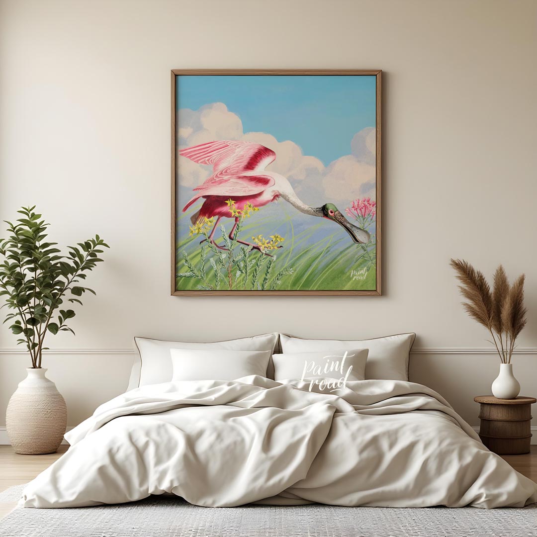 This exquisite illustration captures the unique beauty of a Roseate Spoonbill, a striking pink bird… for bedroom