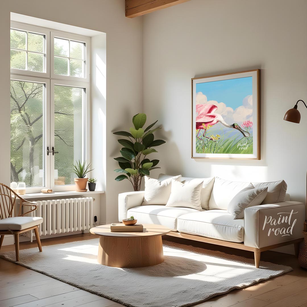 This exquisite illustration captures the unique beauty of a Roseate Spoonbill, a striking pink bird… for living room