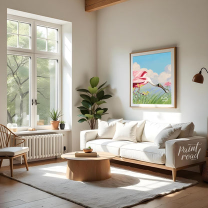 This exquisite illustration captures the unique beauty of a Roseate Spoonbill, a striking pink bird… for living room