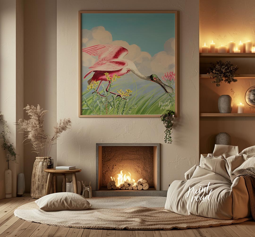 This exquisite illustration captures the unique beauty of a Roseate Spoonbill, a striking pink bird… for living room