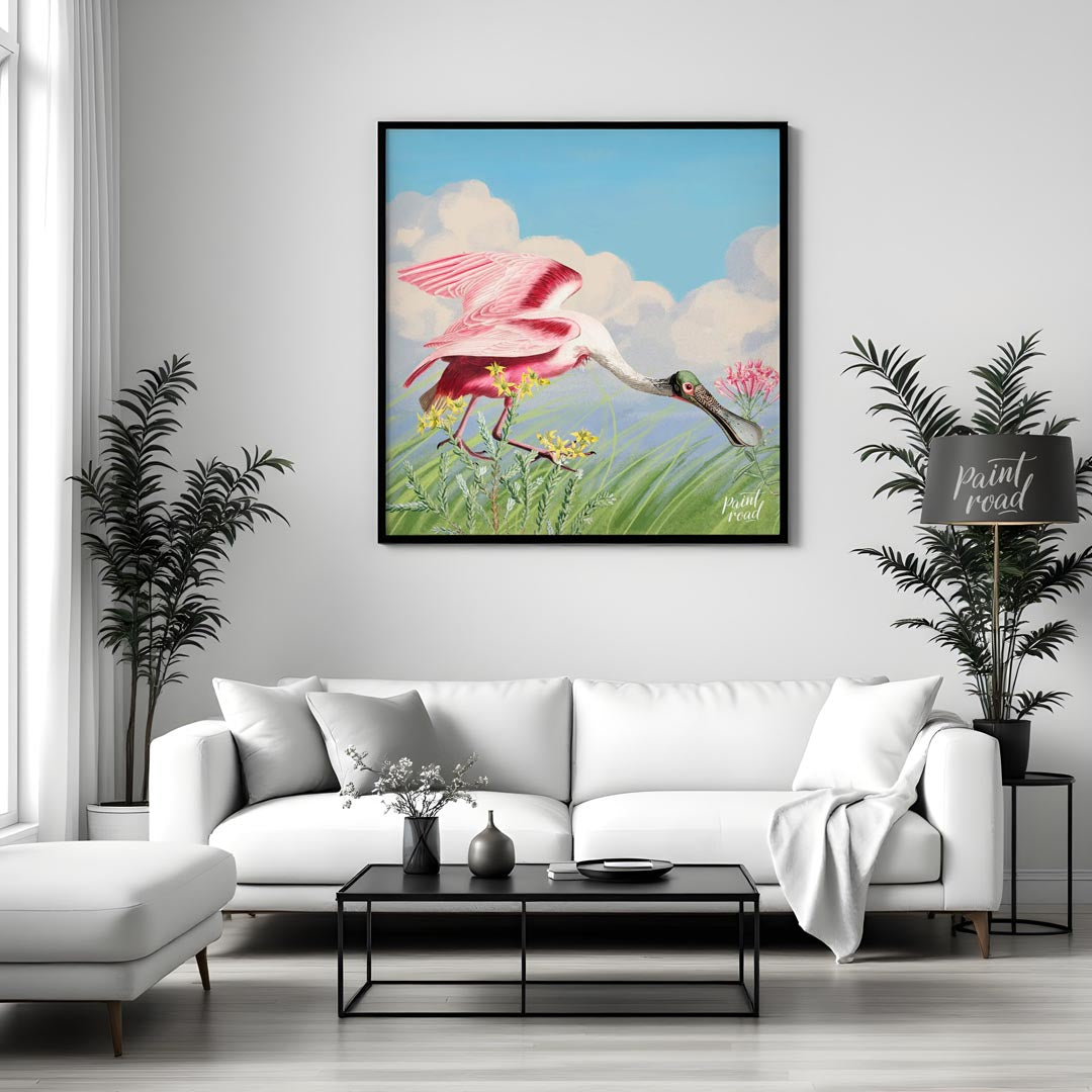This exquisite illustration captures the unique beauty of a Roseate Spoonbill, a striking pink bird… for living room