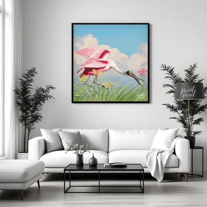 This exquisite illustration captures the unique beauty of a Roseate Spoonbill, a striking pink bird… for living room
