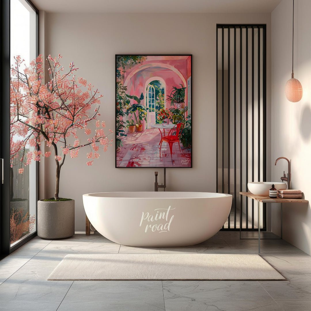 This captivating artwork depicts a sun-drenched courtyard bathed in a warm, rosy hue. A white table… for bathroom
