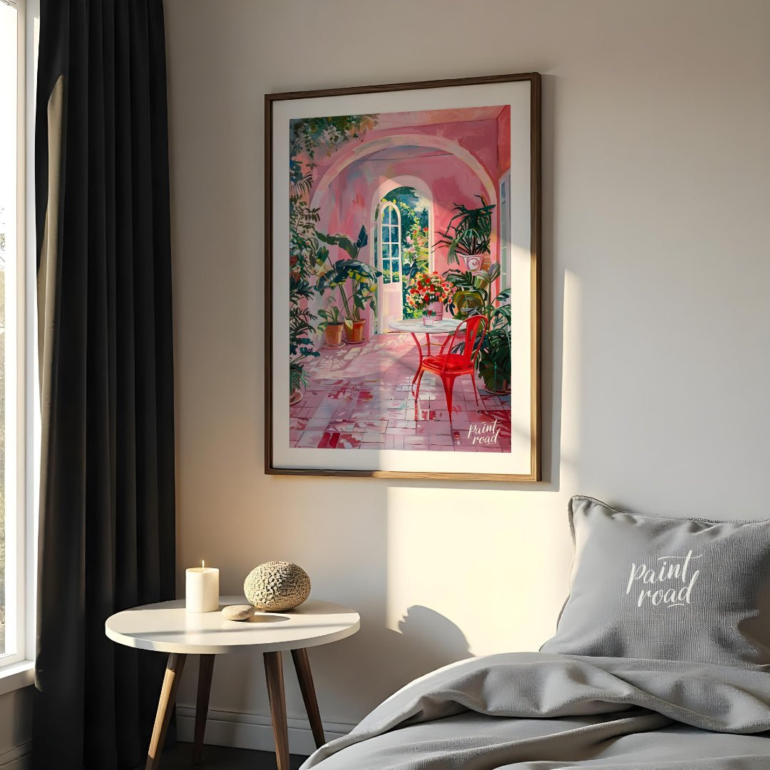 This captivating artwork depicts a sun-drenched courtyard bathed in a warm, rosy hue. A white table… for bedroom