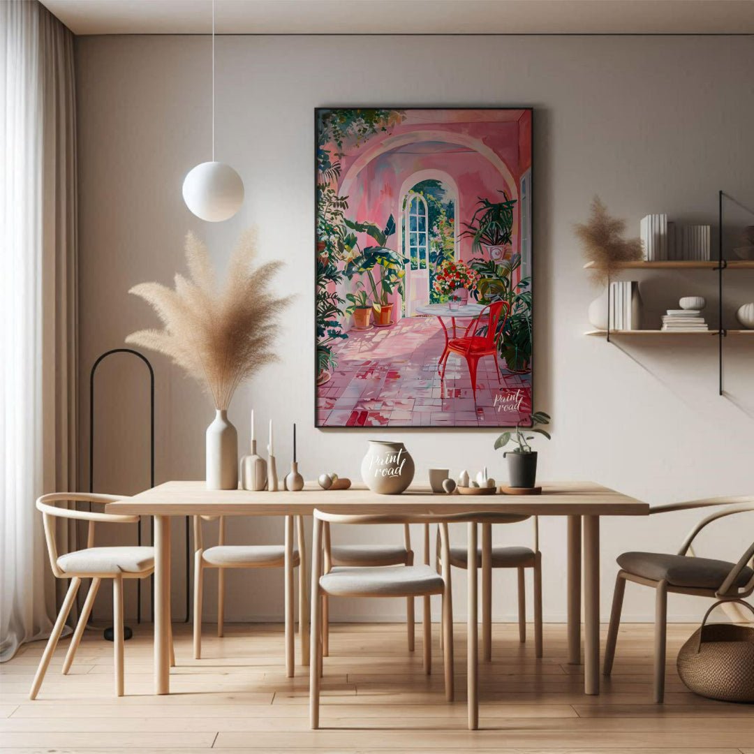 This captivating artwork depicts a sun-drenched courtyard bathed in a warm, rosy hue. A white table… for dining room