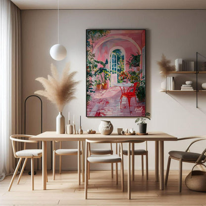 This captivating artwork depicts a sun-drenched courtyard bathed in a warm, rosy hue. A white table… for dining room