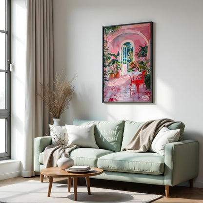 This captivating artwork depicts a sun-drenched courtyard bathed in a warm, rosy hue. A white table… for living room