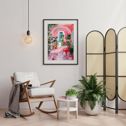 This captivating artwork depicts a sun-drenched courtyard bathed in a warm, rosy hue. A white table… for living room