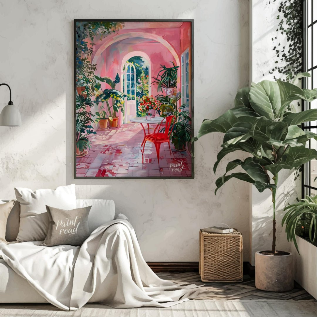 This captivating artwork depicts a sun-drenched courtyard bathed in a warm, rosy hue. A white table… for living room