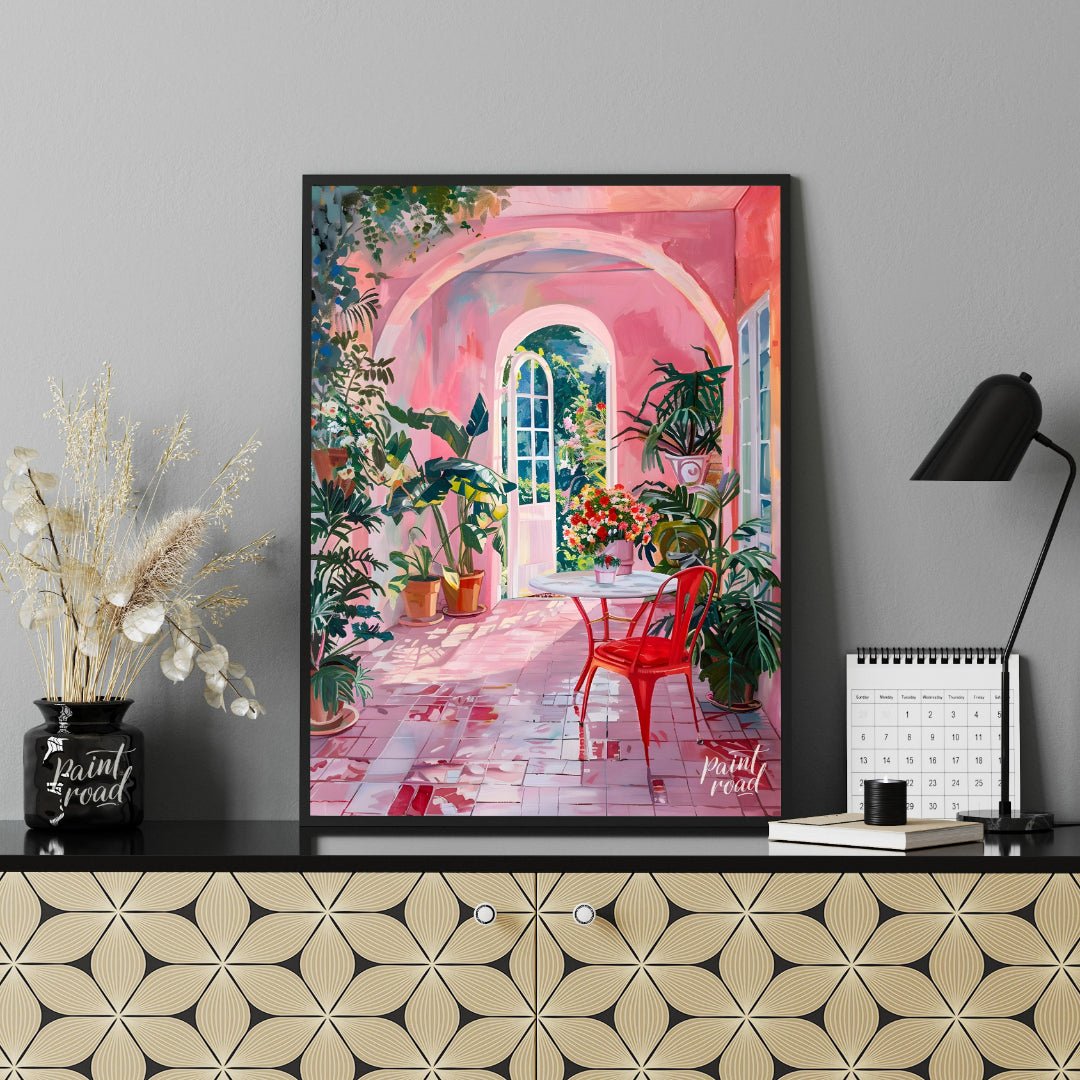 This captivating artwork depicts a sun-drenched courtyard bathed in a warm, rosy hue. A white table… for office