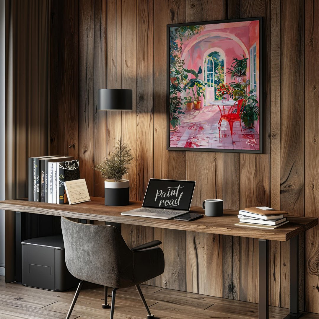 This captivating artwork depicts a sun-drenched courtyard bathed in a warm, rosy hue. A white table… for office