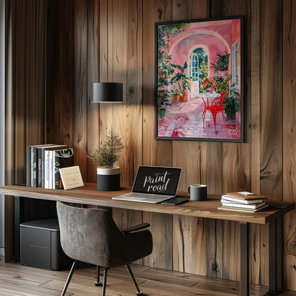 This captivating artwork depicts a sun-drenched courtyard bathed in a warm, rosy hue. A white table… for office