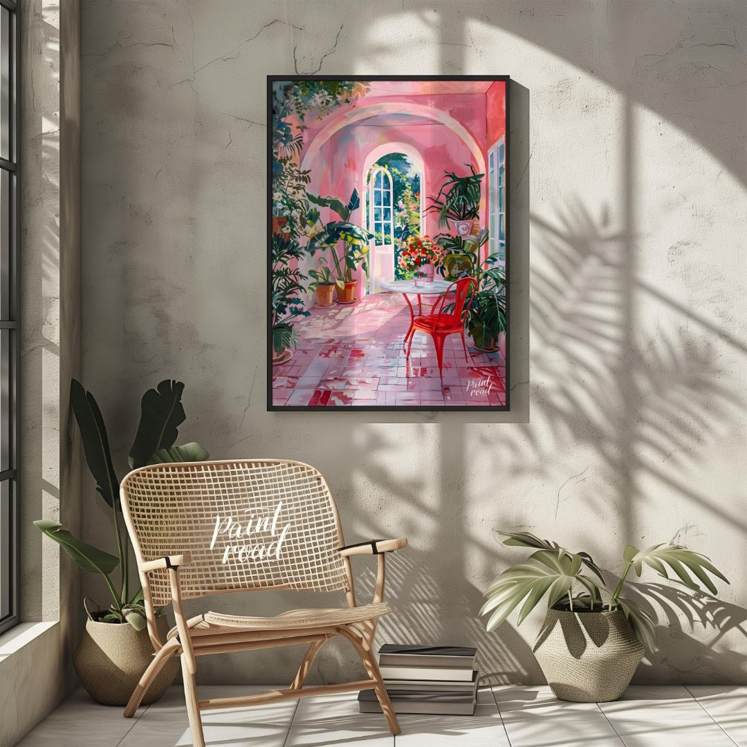This captivating artwork depicts a sun-drenched courtyard bathed in a warm, rosy hue. A white table… for other
