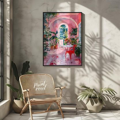 This captivating artwork depicts a sun-drenched courtyard bathed in a warm, rosy hue. A white table… for other
