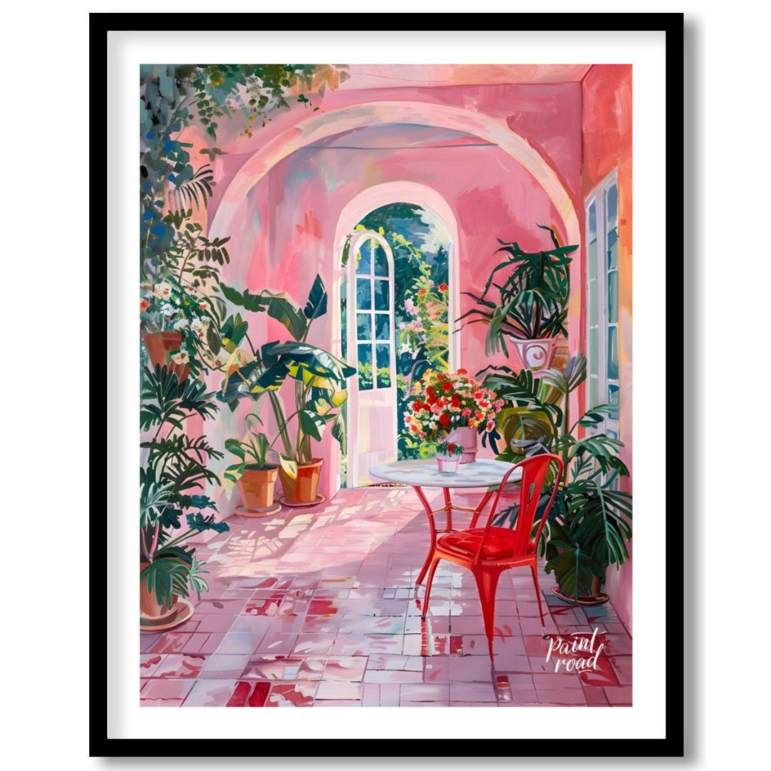This captivating artwork depicts a sun-drenched courtyard bathed in a warm, rosy hue. A white table… for sweet home