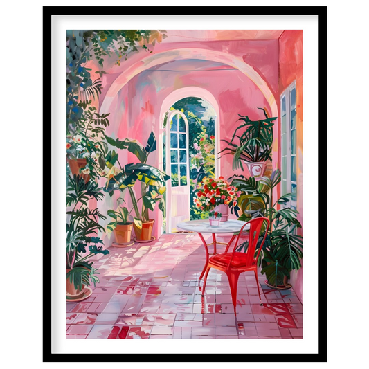 This captivating artwork depicts a sun-drenched courtyard bathed in a warm, rosy hue. A white table… for sweet home