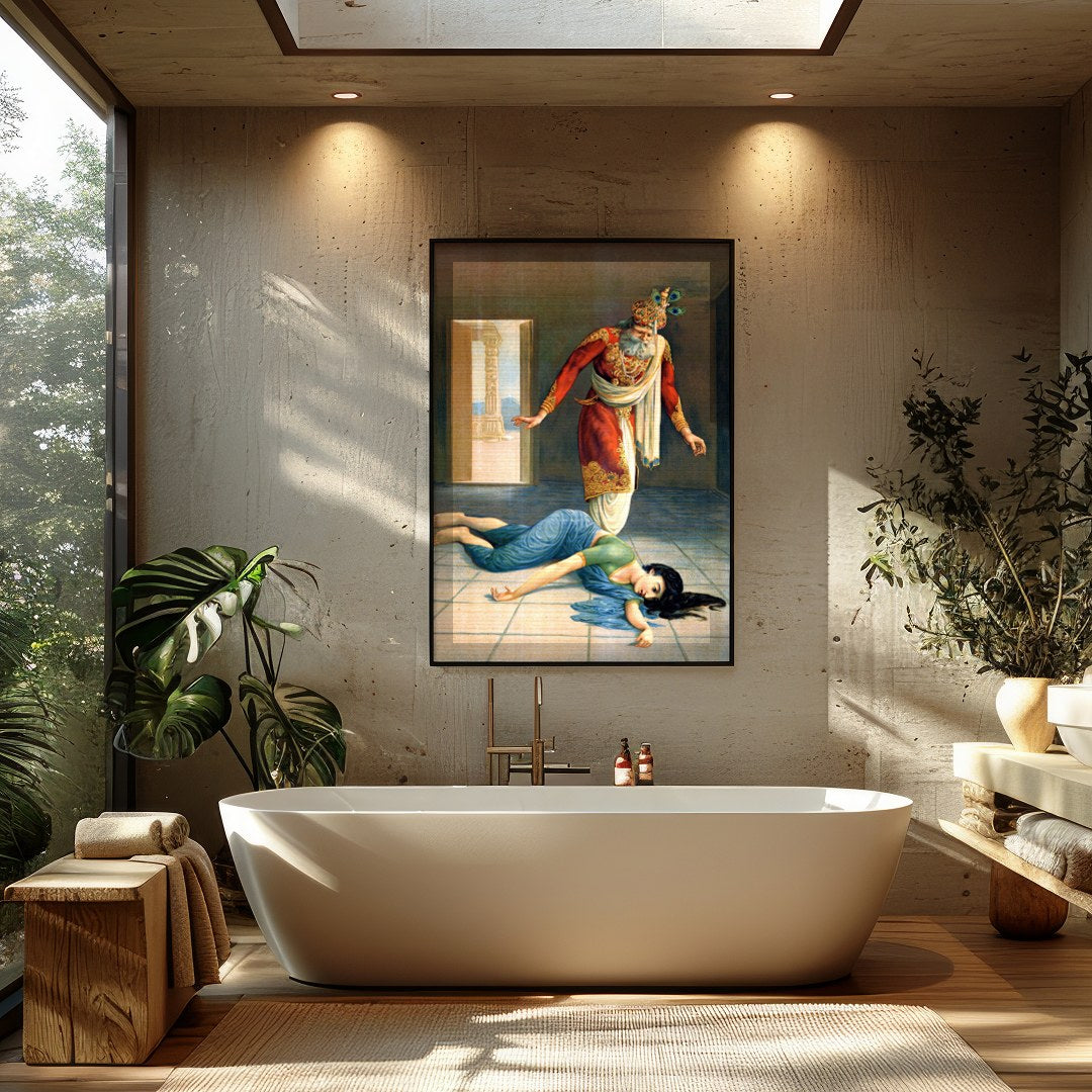 This captivating artwork masterfully portrays a dramatic scene of intrigue and downfall within a for Bathroom