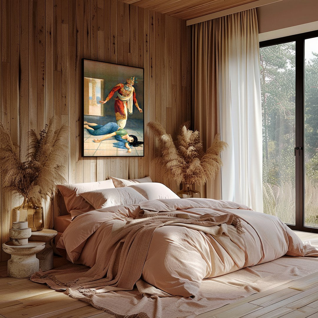 This captivating artwork masterfully portrays a dramatic scene of intrigue and downfall within a for Bedroom