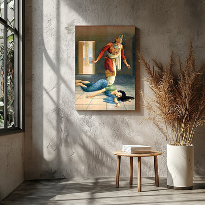 This captivating artwork masterfully portrays a dramatic scene of intrigue and downfall within a for Entrance