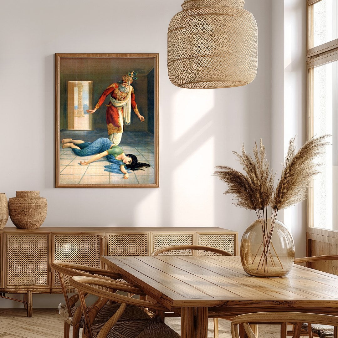 This captivating artwork masterfully portrays a dramatic scene of intrigue and downfall within a for Extra Kitchen