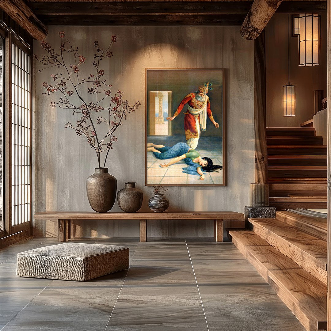 This captivating artwork masterfully portrays a dramatic scene of intrigue and downfall within a for Hall