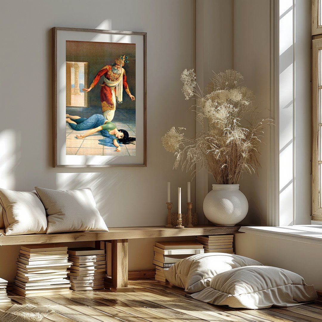 This captivating artwork masterfully portrays a dramatic scene of intrigue and downfall within a for haven